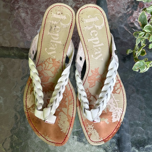 Replay | white braided leather heeled flip flop sandals | size 6.5 - Picture 7 of 7